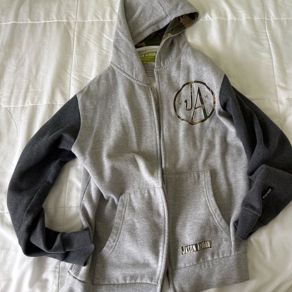 Jason Aldean Men’s Fleece Lined Zip Up Sweatshirt Gray & Camo